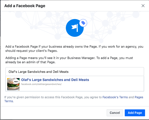 Opção para adicionar uma página comercial do Facebook pelo nome da empresa