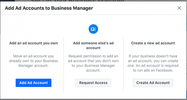 Botão Adicionar conta de anúncio na configuração do Facebook Business Manager