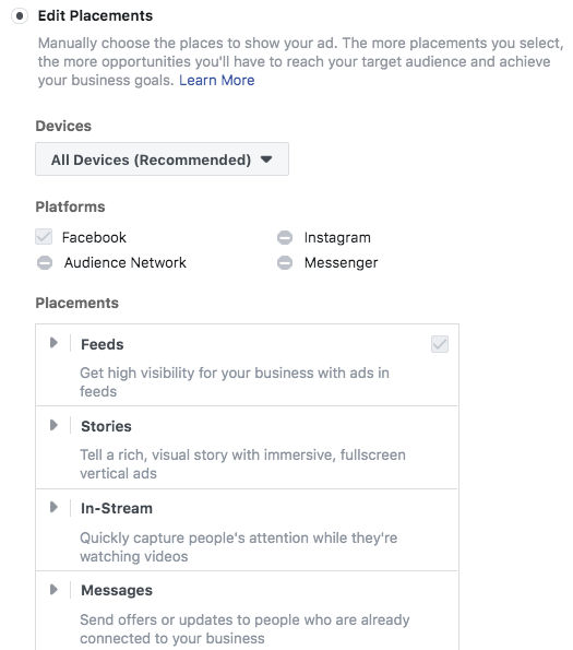 Options pour les emplacements d'annonce Facebook