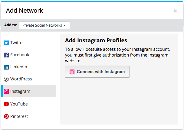 Screenshot of the option to add an Instagram profile to Hootsuite