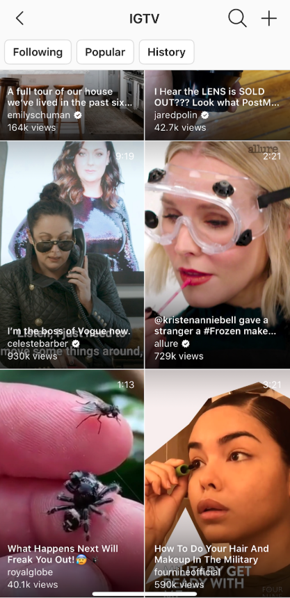 Résultats IGTV sur la page Instagram Explore