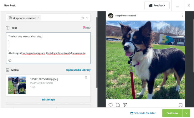 Capture d'écran du post-compositeur Instagram dans Hootsuite