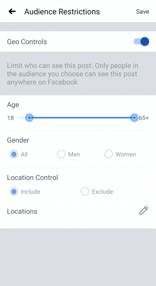 options de restriction d'audience pour Facebook Live