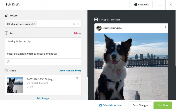 Capture d'écran du post-compositeur Instagram dans Hootsuite