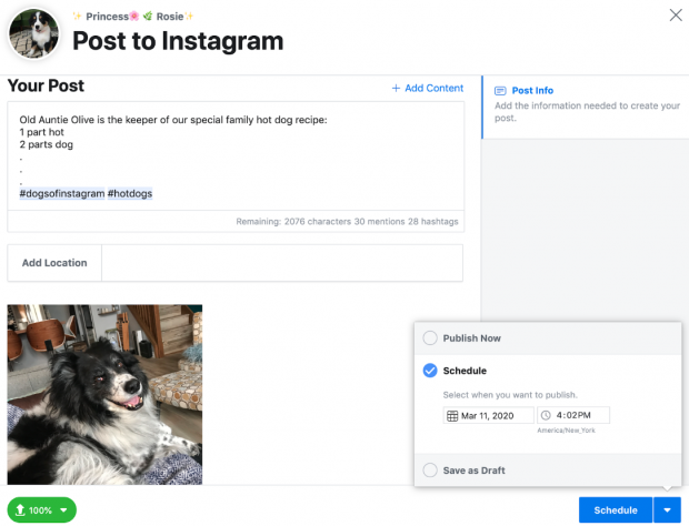 Screenshot of the window to create and schedule an Instagram post using Hootsuite