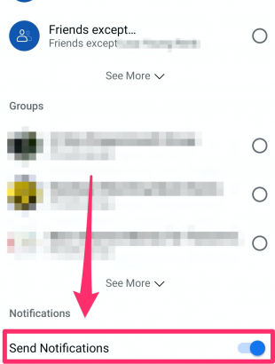 Envoyer les notifications bascule sur l'écran Facebook Live, en bas au centre