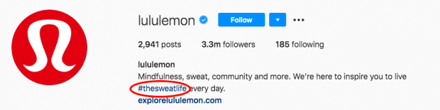 Lululemon's branded hashtag in the Instagram bio section