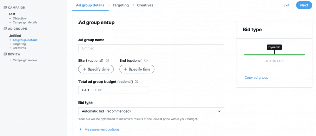 ad group and bidding set up