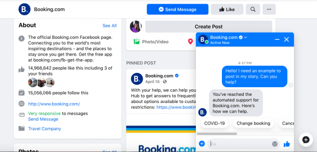 Booking.com聊天机器人在Facebook页面上的回应