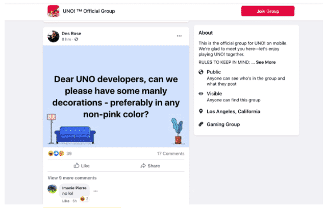 Customer request for "manly decorations" in Uno! Facebook group 