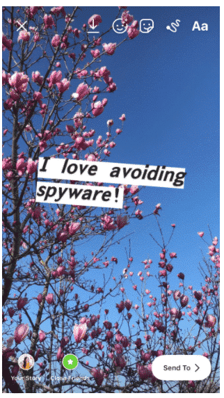 Instagram story with unique font that says "I love avoiding spyware!"