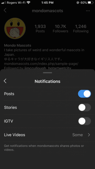 Instagram notifications options