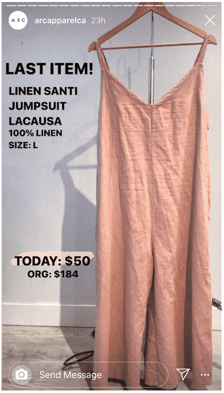 Instagram story from ARC Apparel featuring sale on last linen jumpsuit