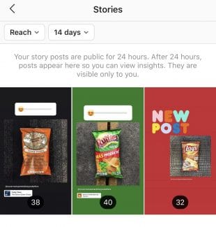 Instagram stories insights showing reach for last 3 posts