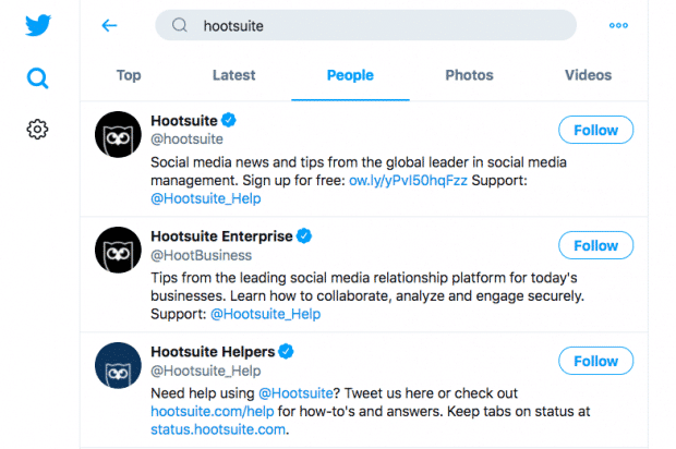 screenshot of a Twitter search for "hootsuite"