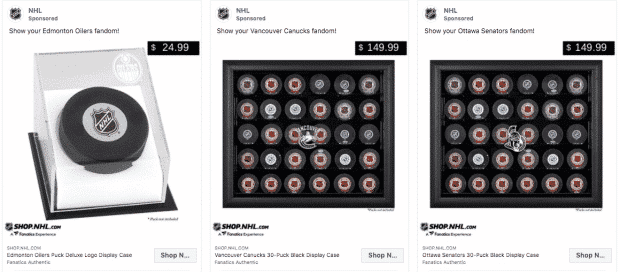 Screenshot of NHL targeted social media ads