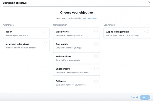 choosing an objective for a twitter ad
