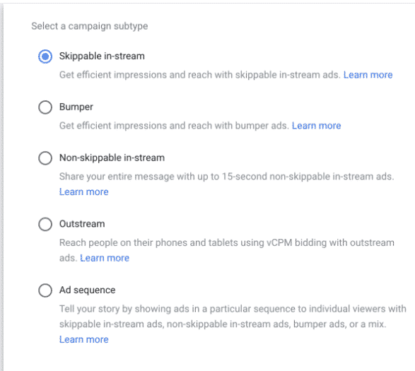 video campaign subtype options