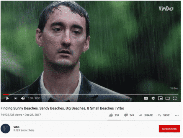 youtube ad by VRBO, sad man in rain