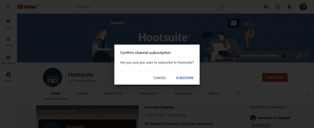 Confirm channel subscription button on YouTube
