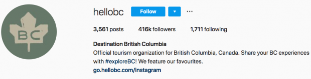 Destination BC Instagram bio