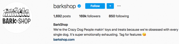 Bark Shop's Instagram bio