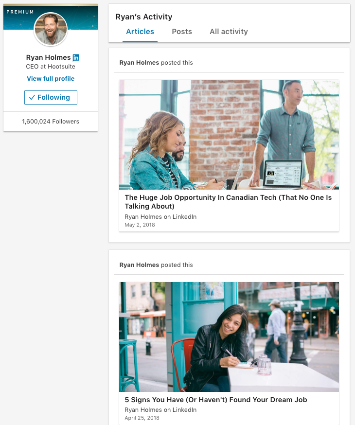 Perfil de Linkedln de Ryan Holmes, fundador de Hootsuite